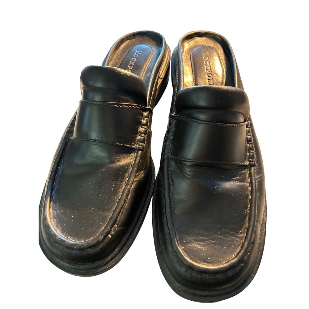 Rockport Loafer Mules Women 6 Black New Leather Slip On Slides W5738